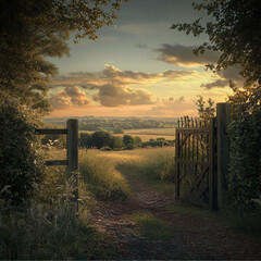 Obraz premium rural country view looking thorugh a gateway at sunset