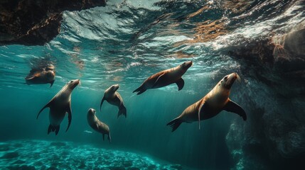 Obraz premium Underwater scene featuring sea lions swimming gracefully.
