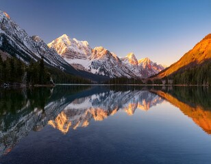 A serene mountain lake reflecting the snow-capped peaks at dawn.