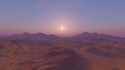 Naklejka premium The sun descends behind mountains in a desert, casting a dramatic backdrop on a distant object