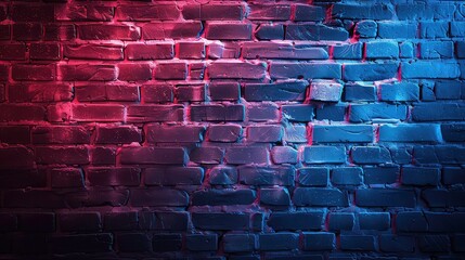 Obraz premium A dark brick wall with purple and pink neon lighting.