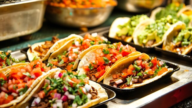 Lively street food scene with vendors serving up carne asada tacos and tostadas topped with ceviche and fresh pico de gallo