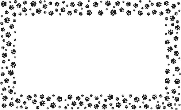 Rectangular pet paw print frame with blank space for text and images. Black silhouette track of dog or cat paw prints. Frame with paw prints of pets for decoration of shop windows, websites, etc
