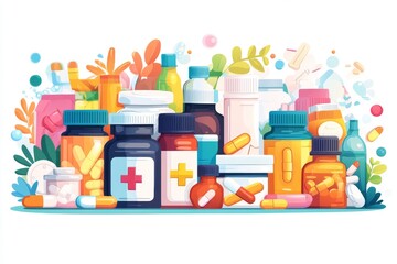 Detailed and vibrant illustration of various medicine bottles and healthcare supplies arranged neatly on a white background showcasing the organization and diversity in healthcare