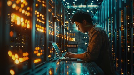Man works on laptop in a data center or server room