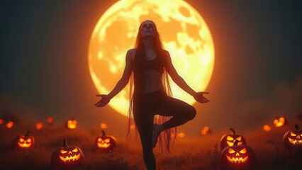 Happy halloween zombie yoga with pumpkins