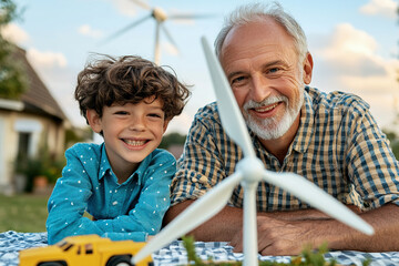 Grandfather and grandson explore wind energy outdoors