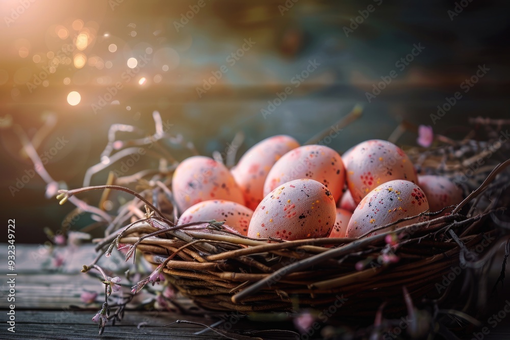 Poster A basket containing eggs placed on a wooden surface, perfect for farm-to-table or rustic-themed uses