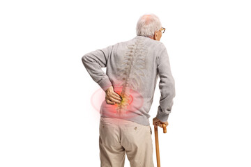 Rear view shot of an old man with a cane holding his painful back