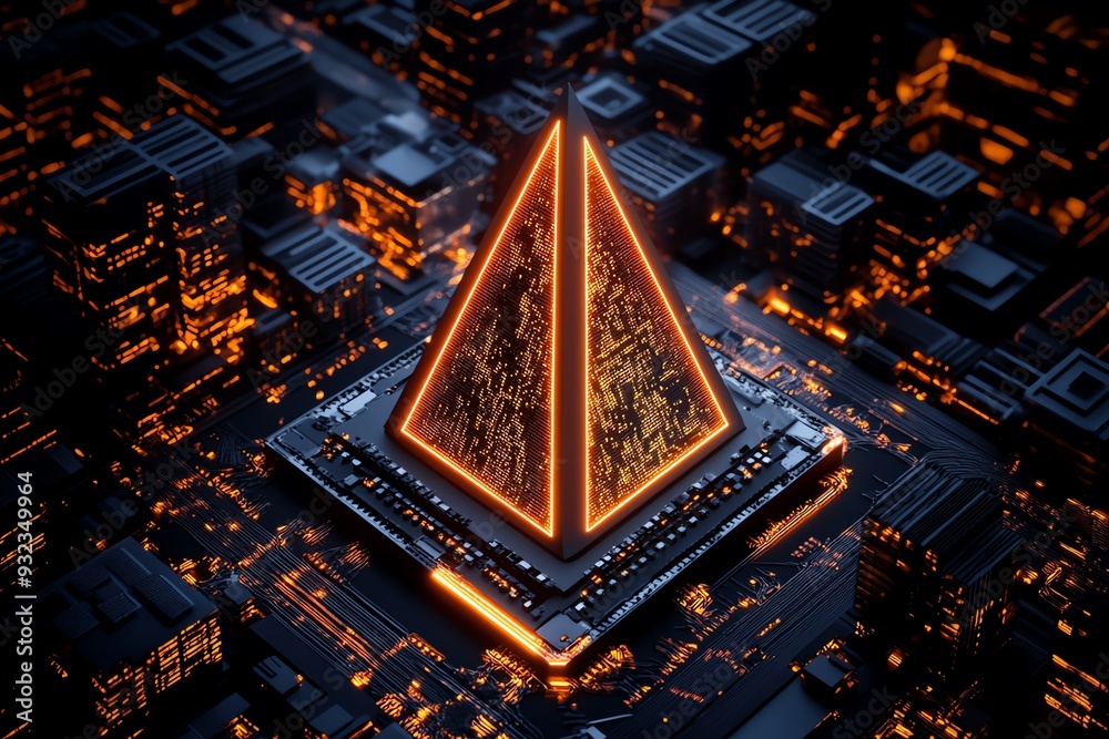 Poster Stunning 3D rendering of a glowing pyramid atop a digital circuit board, symbolizing technology and innovation.