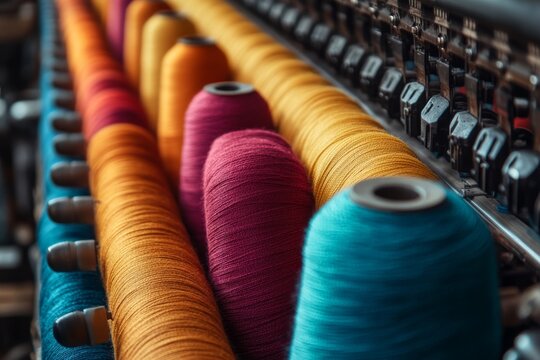 Colorful yarn spools sit aligned on a textile machine, highlighting detailed patterns that convey the artistry of textile production in a vibrant setting