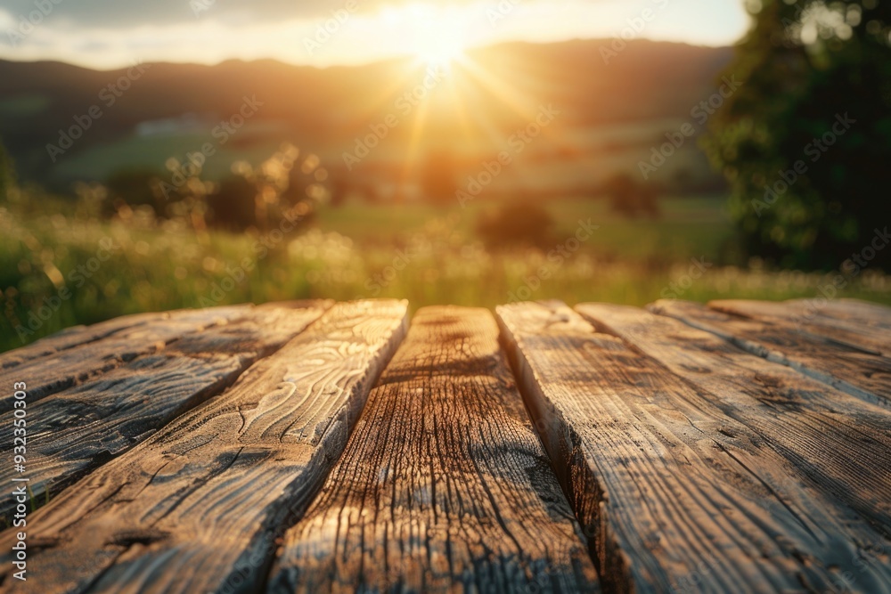 Aufkleber A wooden table with the sun setting in the background, perfect for capturing memories or creating a cozy atmosphere