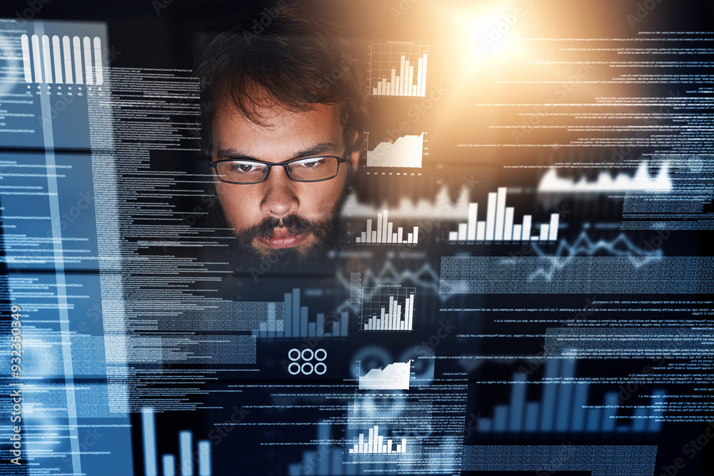 Poster Man, overlay and programmer with coding, data and analysis for cyber security and software development. Male person, programming and information technology during night for cloud computing database