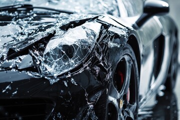 A damaged sports car stands with a crumpled front end and shattered glass, revealing the aftermath of a recent collision in an urban environment