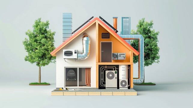 A cutaway illustration of a house showcasing various HVAC systems and energy solutions.