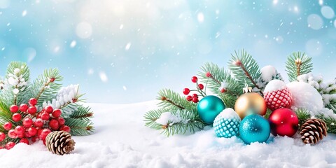 Winter Wonderland Christmas Decorations. A festive scene featuring a snowy fir branch with red berries, pine cones, and Christmas ornaments. 