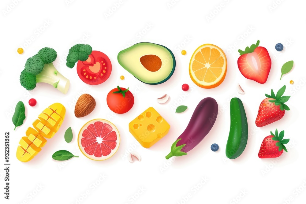 Poster a colorful display of various fruits and vegetables on a white surface