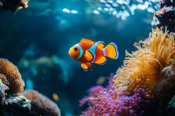 Bright clownfish navigate through vivid anemones in a dynamic saltwater aquarium filled with vibrant marine life