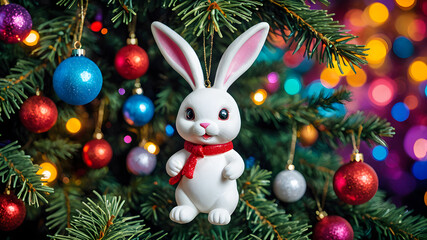 New Year's glass toys. New Year's hare on a Christmas tree branch. New Year card, poster. holiday concept