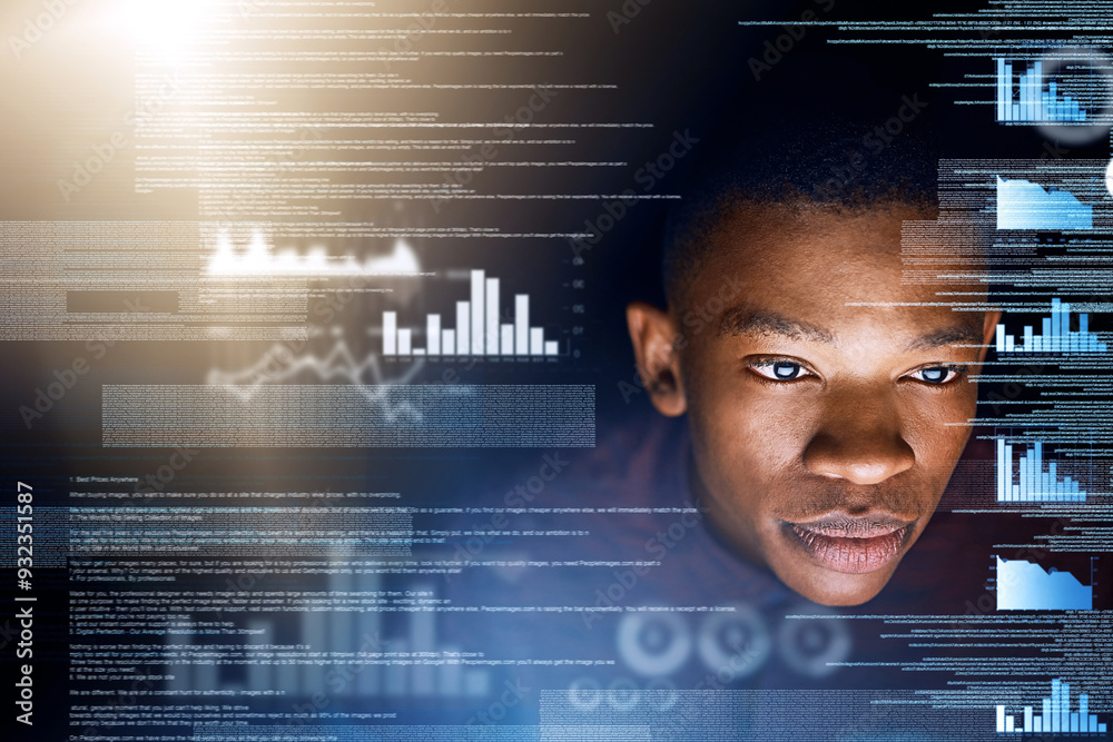 Poster black man, data and analytics with overlay for future development, statistics or dashboard. young af