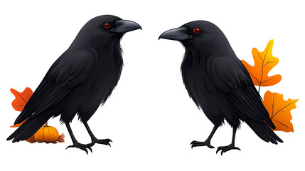 Fototapeta premium Two captivating black crows with orange leaves, perfect for autumn themes, nature artwork, and spooky illustrations. Isolated on transparent or white background.