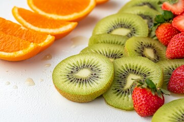 A vibrant fruit arrangement features fresh kiwi slices alongside juicy strawberries and orange wedges, creating a colorful and appetizing display