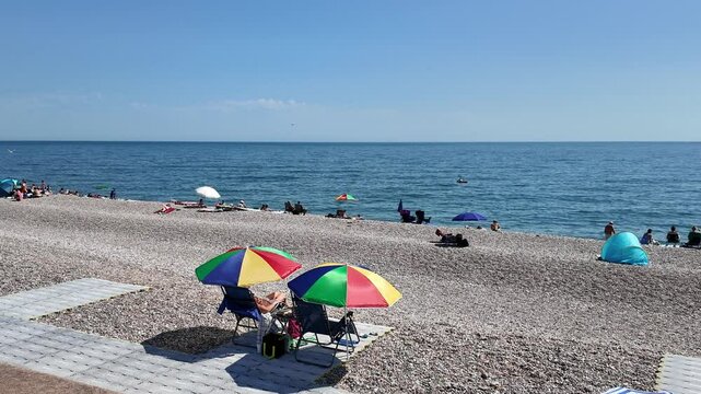 Seaton Devon England. 07.08.2024. Video. Overview of Seaton beach in east devon England UK