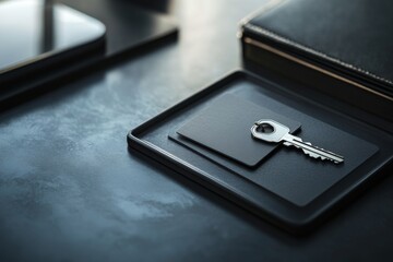 An elegant key card rests on a sleek modern desk, showcasing a stylish workspace with refined details and soft lighting