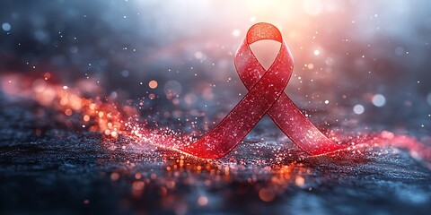 Red ribbon with globe elements for World AIDS Day awareness.