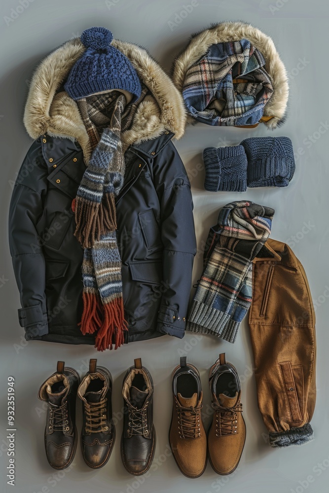 Poster clothing and shoes arranged neatly on a table, perfect for showcasing or displaying merchandise