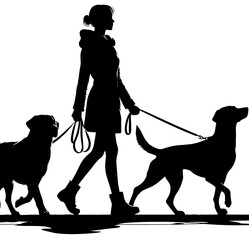 Silhouette of a woman walking two dogs on leashes, minimalist black and white design, pet care concept