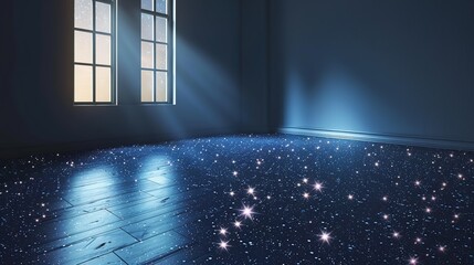 A serene room with starry floor and soft light filtering through windows.