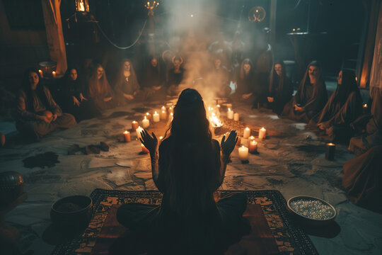 Black Magic Ritual led by a malevolent witch, as her coven gathers to practice forbidden dark arts