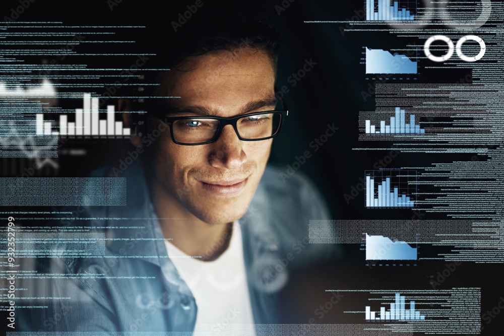 Fototapete man, overlay and smile on computer with statistics at night as employee for overtime and deadline on