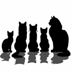 Silhouette of five cats sitting in a row with reflections, minimalist black and white design, shelter concept