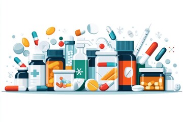 Vibrant and lively illustration of various pill bottles and capsules arranged in an organized manner symbolizing the importance of medication and healthcare