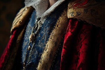 A noble from the 17th century displays rich fabrics and intricate details of his elaborate attire, highlighting the splendor of European fashion from the time