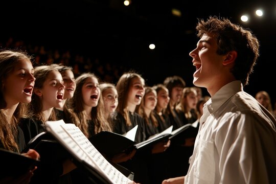 A group of enthusiastic high school students passionately sings in a choir, showcasing their talent and excitement during a dynamic performance