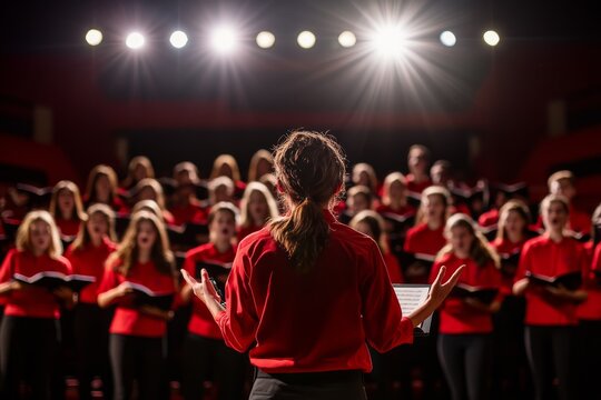 High school students enthusiastically perform in a choir, displaying energy and teamwork while showcasing their musical talents to an engaged audience