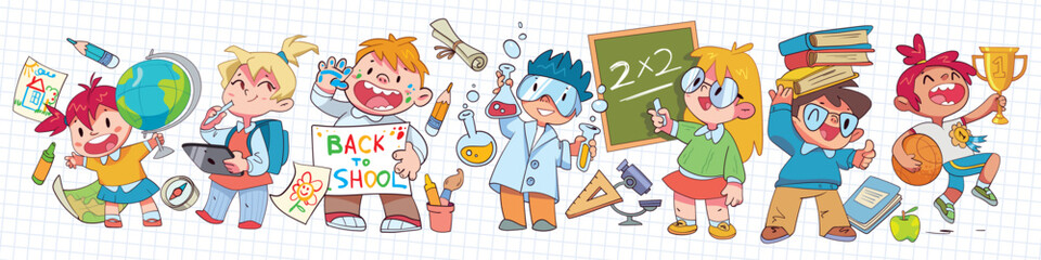 Back to school. Children in geography, chemistry, math, literature, physical education class. Panorama. Template for design. Funny cartoon characters. Vector illustration. Isolated on white background