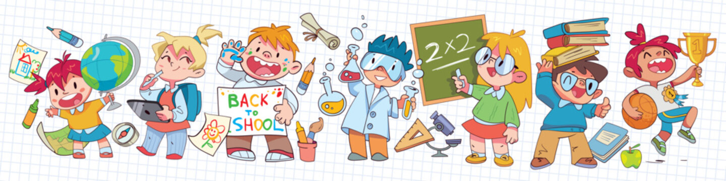 Fototapeta Back to school. Children in geography, chemistry, math, literature, physical education class. Panorama. Template for design. Funny cartoon characters. Vector illustration. Isolated on white background