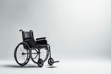 Fototapeta premium An empty black wheelchair stands alone against a stark white backdrop, showcasing its clean lines and practical design