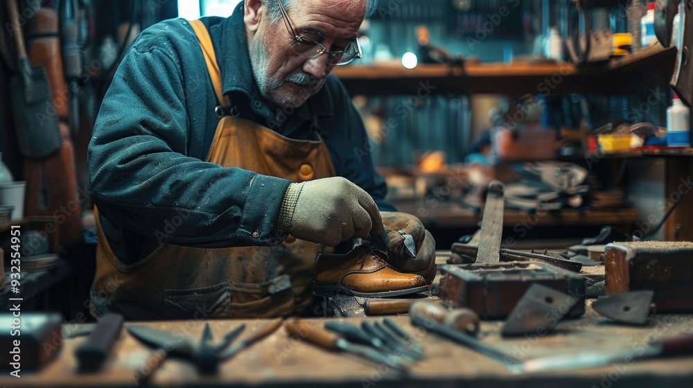 Poster a man working on a shoe in a well-organized workshop