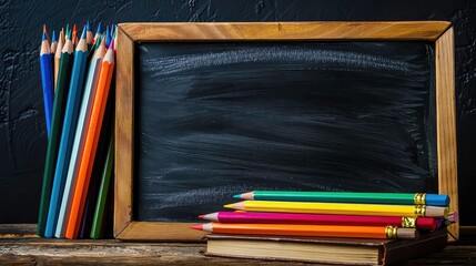 A bunch of colored pencils leaning against a blank chalkboard with a stack of notebooks and pencils in front.