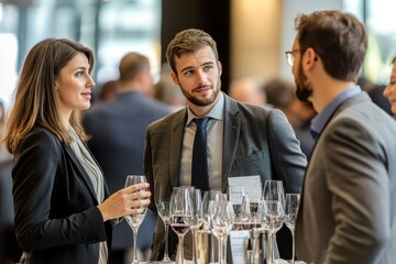 Attendees in semiformal attire enjoy discussing while holding wine glasses at a networking event in a modern venue