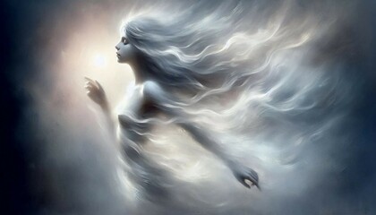 Fototapeta premium An ethereal figure with flowing hair and a dress of mist reaches out towards a radiant orb, symbolizing a celestial entity in a dreamlike tableau.
