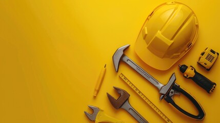 Yellow hard hat, hammers, and other tools stored on a yellow surface