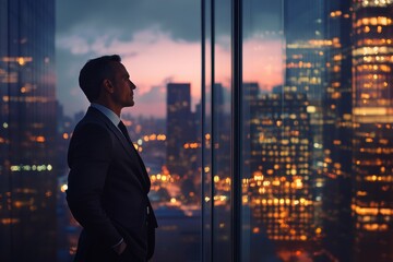Fototapeta premium An executive stands in profile, observing the city lights glowing as dusk settles over the skyline from his high-rise office