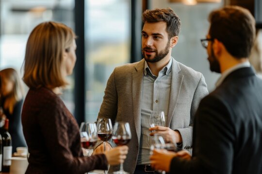 Professionals in semiformal attire engage in lively conversation while holding wine glasses at a networking event in an elegant venue