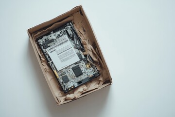 A damaged electronic device sits in a cardboard box, cushioned by packing material, ready for return with a printed shipping label affixed